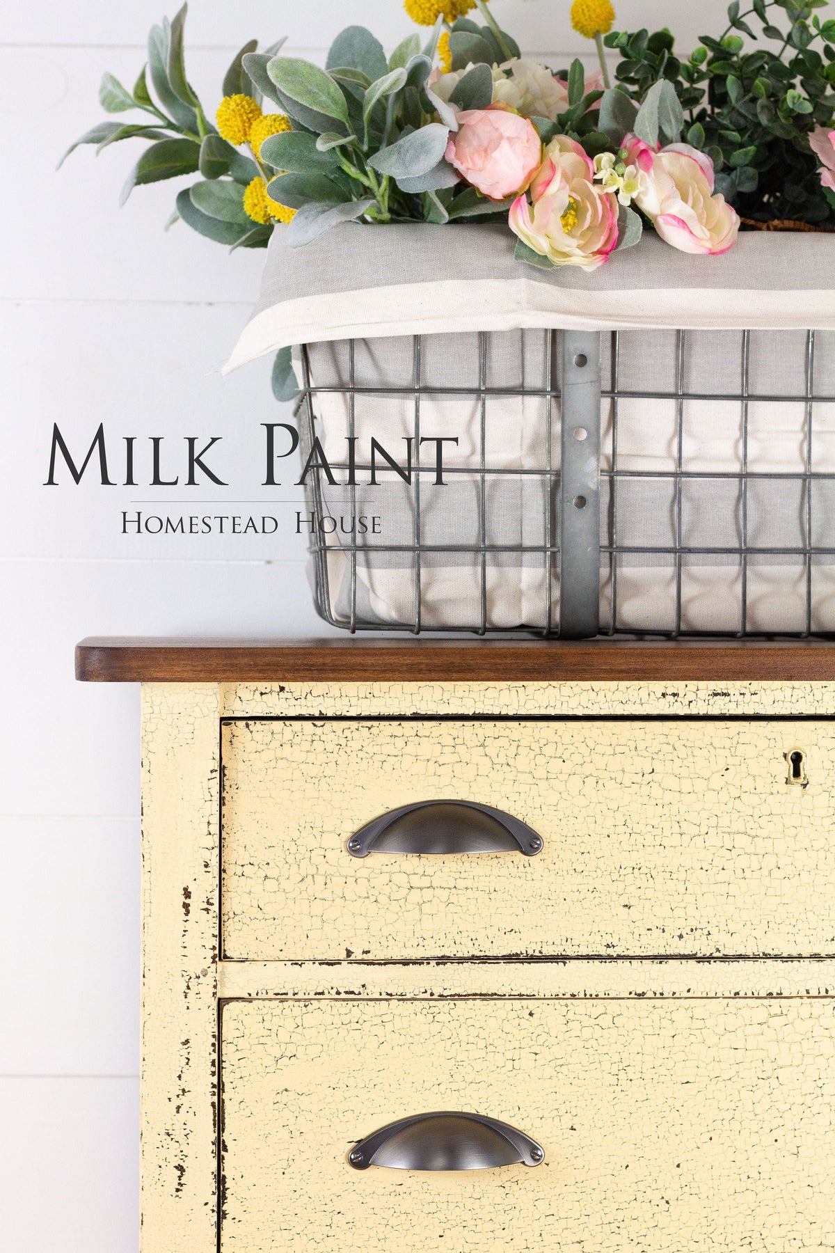Yellow dresser in Ochre Milk Paint by Homestead House; “Homestead House” text displayed.