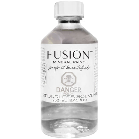Fusion Mineral Paint Odorless Solvent 250 mL bottle with danger/poison warning on the label.