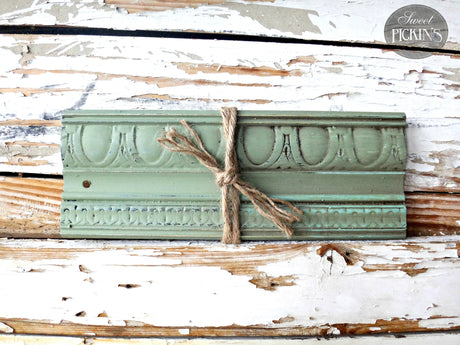 Green wood trim tied with twine, painted in Oh Olive! by Sweet Pickins Milk Paint, Old Fashioned Milk Paint Co.