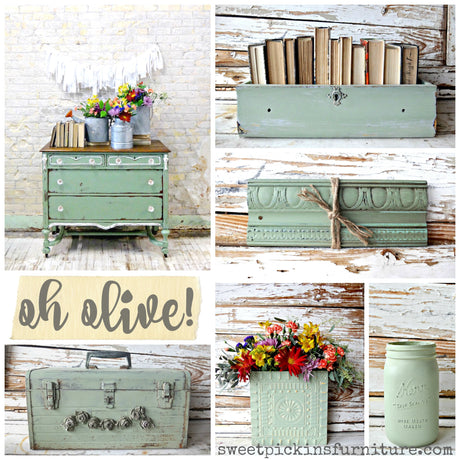 Old Fashioned Milk Paint in Oh Olive color for non-toxic decor and furniture; sweetpickinsfurniture.com.