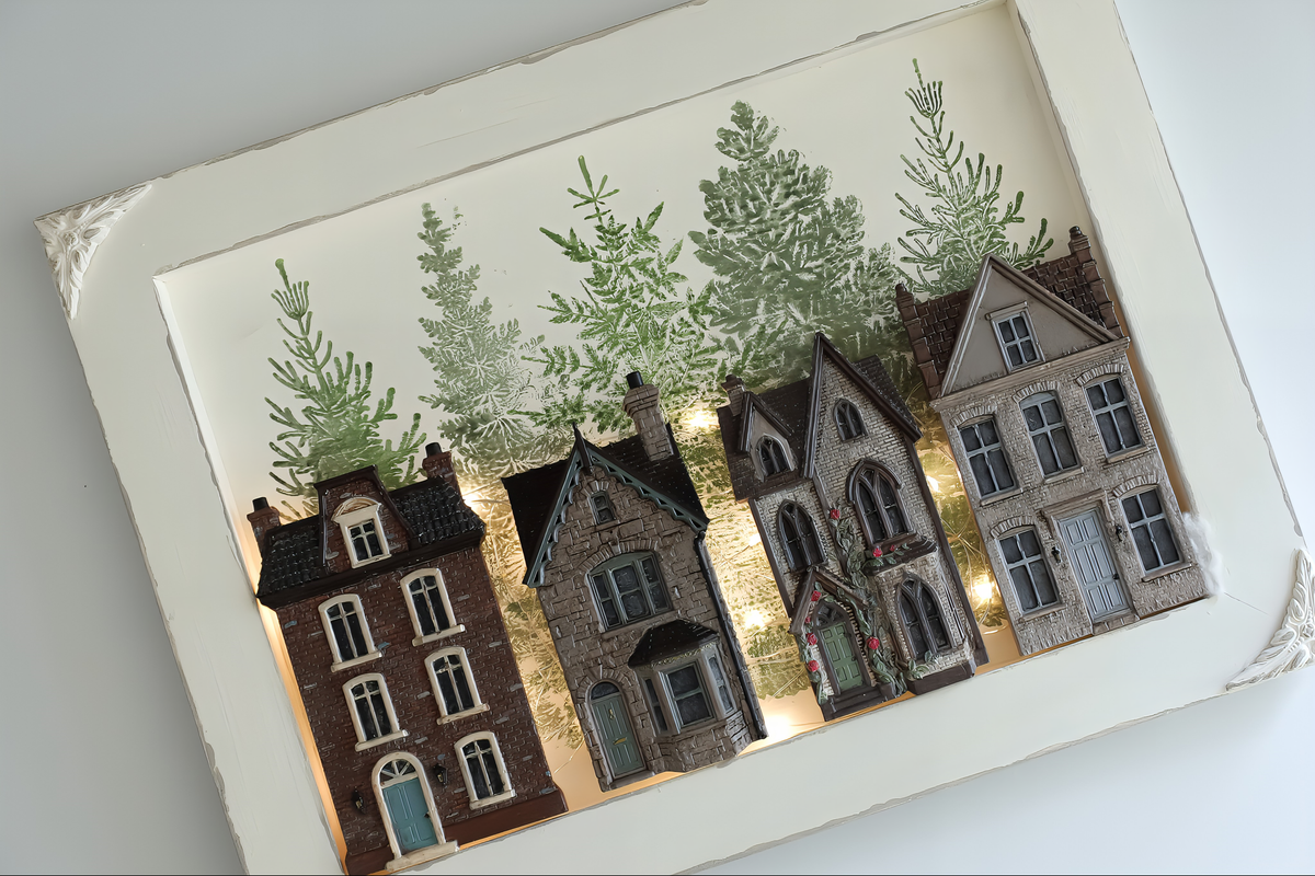 Five mini building facades with green trees inspired by IOD Old Colchester Road Mould by Iron Orchid Designs.