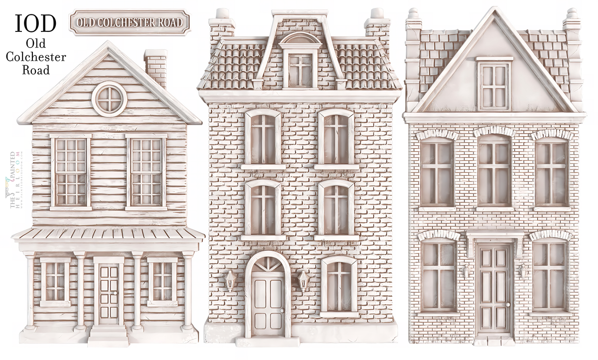 Old Colchester Road Mould by IOD with three vintage-style building facades in brick and wood textures.