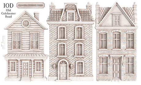 Old Colchester Road Mould by IOD with three vintage-style building facades in brick and wood textures.