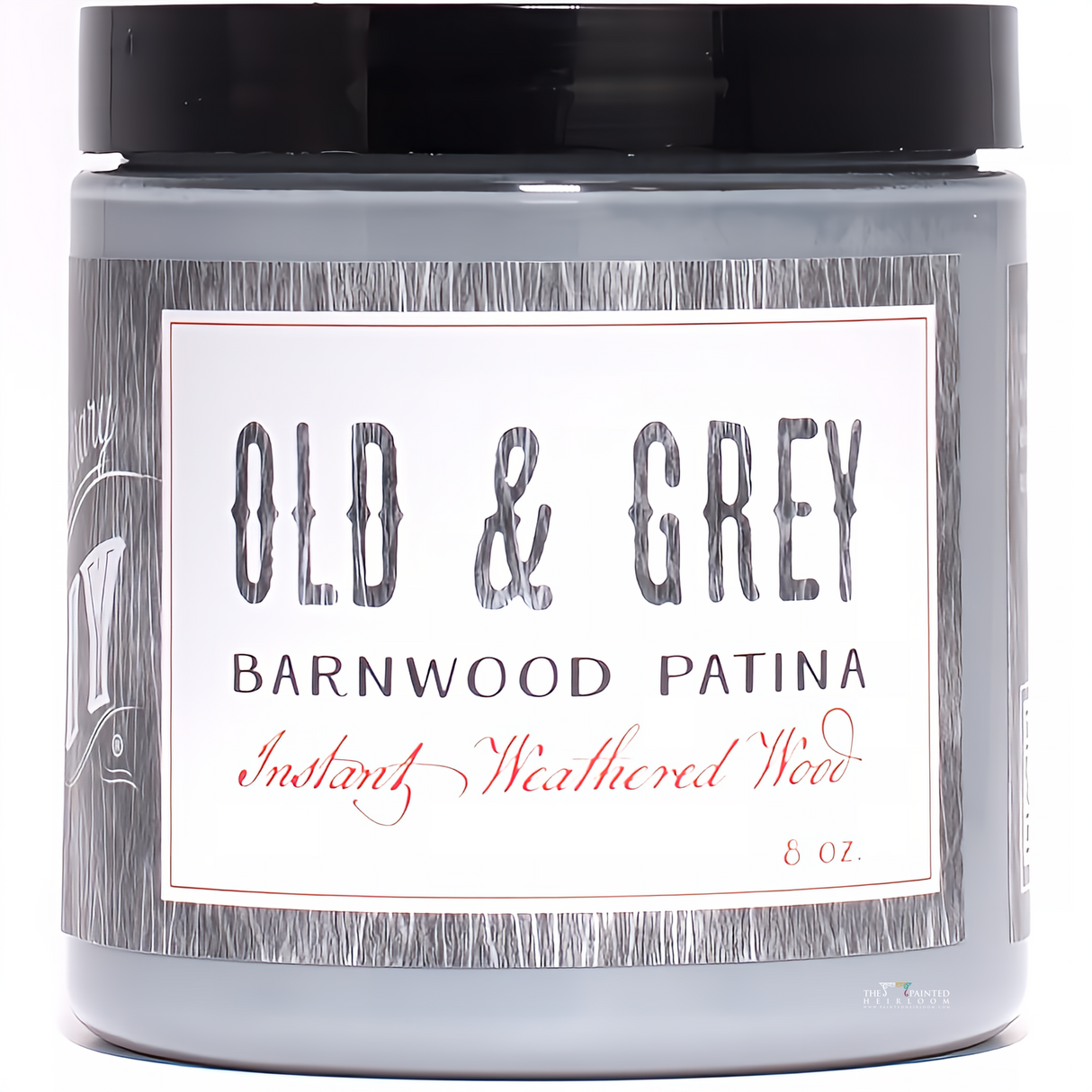 DIY Paint Co. Old & Grey Barnwood Liquid Patina, 8 oz jar, gray liquid for weathered wood effect.