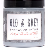 DIY Paint Co. Old & Grey Barnwood Liquid Patina, 8 oz jar, gray liquid for weathered wood effect.