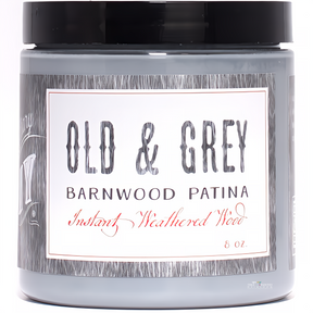 DIY Paint Co. Old & Grey Barnwood Liquid Patina, 8 oz jar, gray liquid for weathered wood effect.