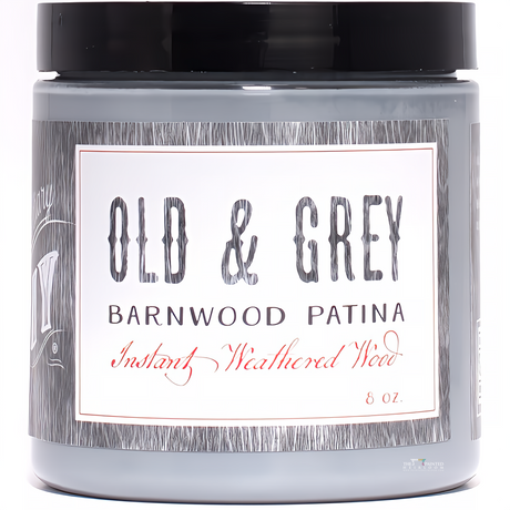 DIY Paint Co. Old & Grey Barnwood Liquid Patina, 8 oz jar, gray liquid for weathered wood effect.