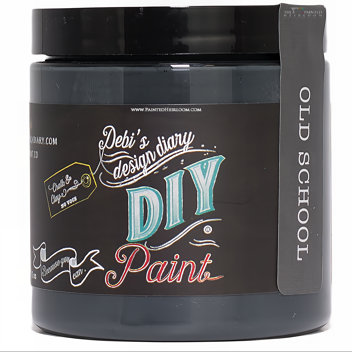 Black jar labeled DIY Paint Co. Old School DIY Paint.