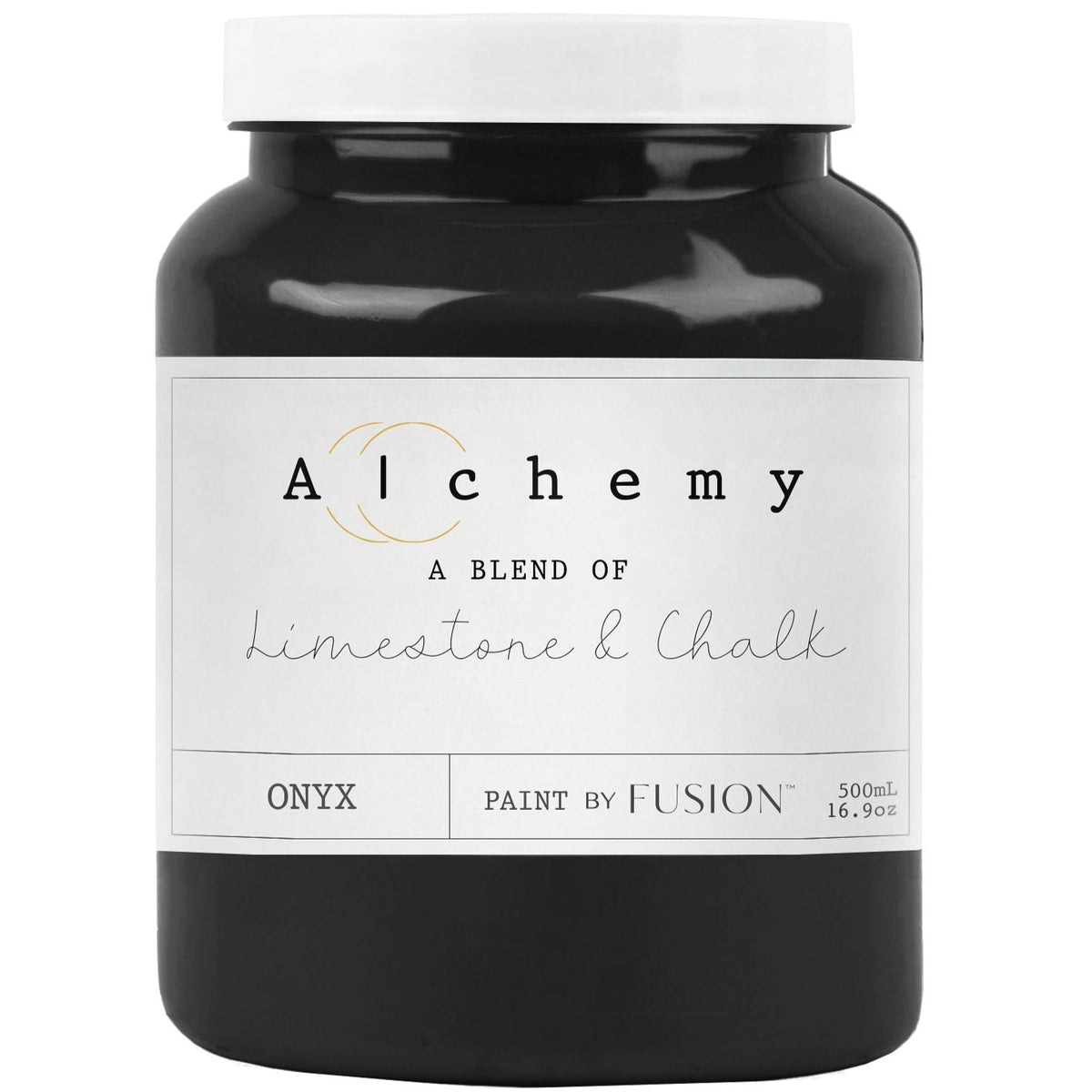 Fusion Mineral Paint Onyx Alchemy 500mL jar, chalk-style black furniture paint in a sleek container.