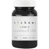 Black jar of Onyx Alchemy Paint by Fusion Mineral Paint, chalk-style furniture paint label at the bottom.
