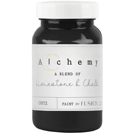 Black jar of Onyx Alchemy Paint by Fusion Mineral Paint, chalk-style furniture paint label at the bottom.