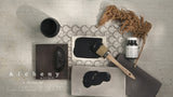 Onyx Alchemy Paint by Fusion Mineral Paint with paintbrush, tile, dried flowers, jar, and cup on textured surface.