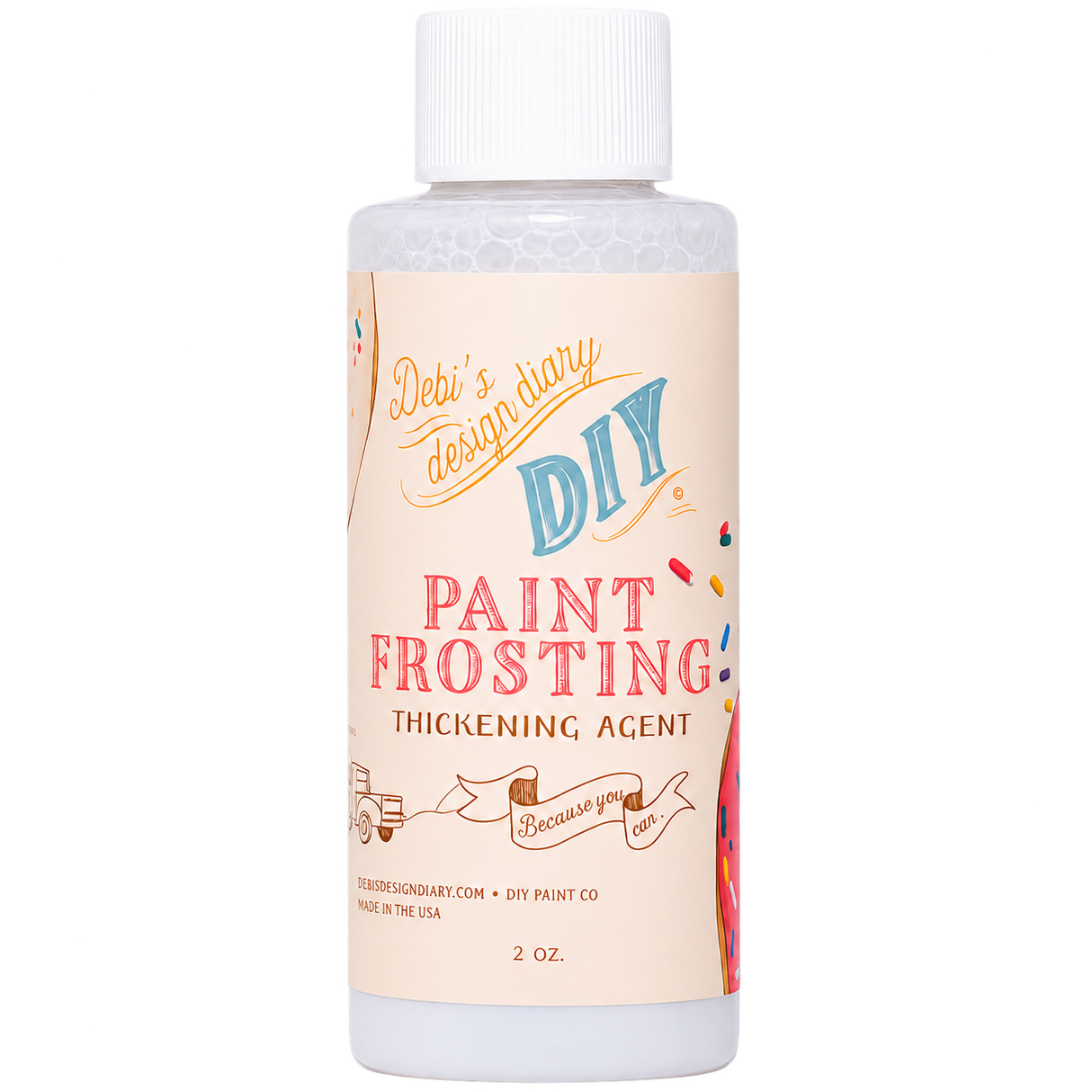 2 oz DIY Paint Co. Paint Frosting thickening agent with colorful label for textured furniture or raised stencils.