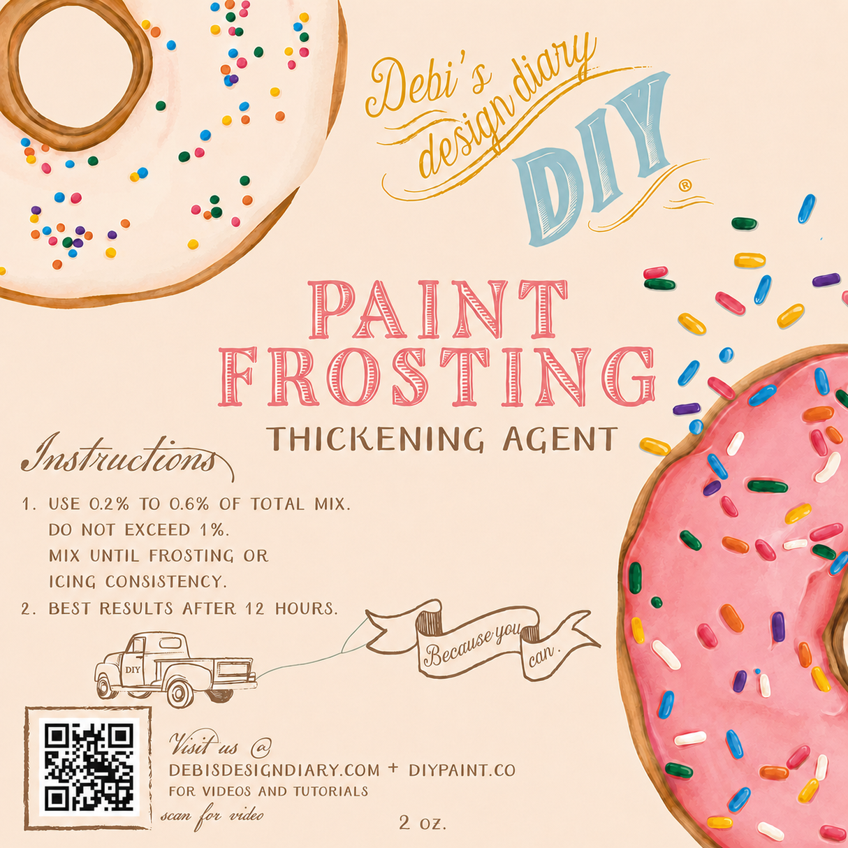 Paint Frosting by DIY Paint Co.—thickening agent with guide and QR code on beige background.