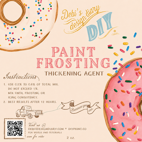 Paint Frosting by DIY Paint Co.—thickening agent with guide and QR code on beige background.