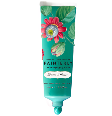Turquoise tube of DIY Paint Co. Painterly Blendable Furniture Artist Paint, Peace Maker, with floral design and text.