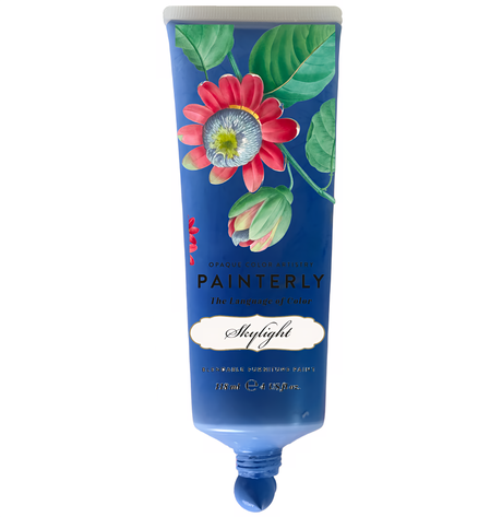 DIY Paint Co. Painterly Blendable Paint tube in blue, labeled “Skylight” with a red-white flower and green leaves.