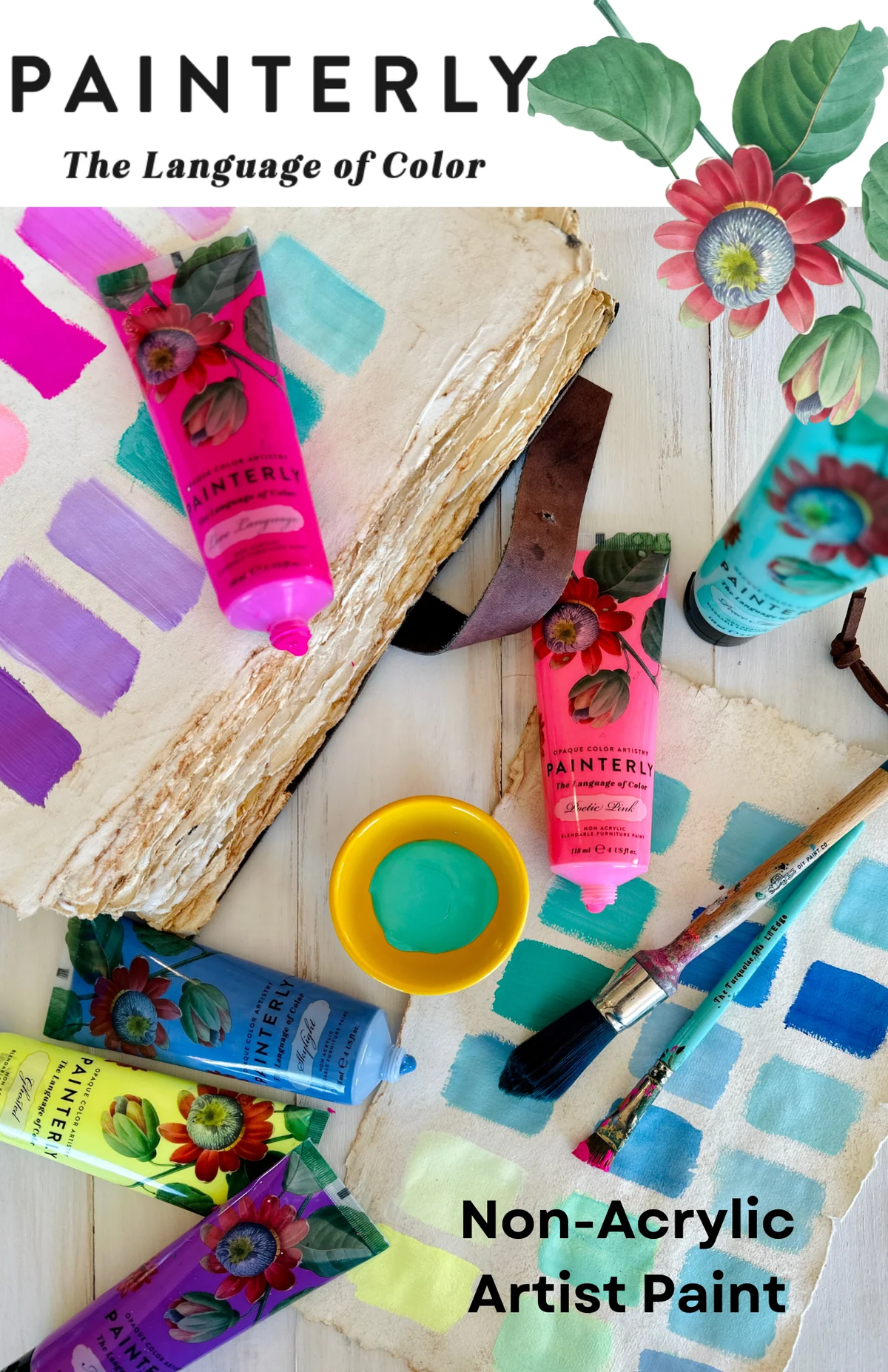 Painterly Blendable Furniture Artist Paint by DIY Paint Co. with tubes, brushes, swatches, and palette shown; non-acrylic.