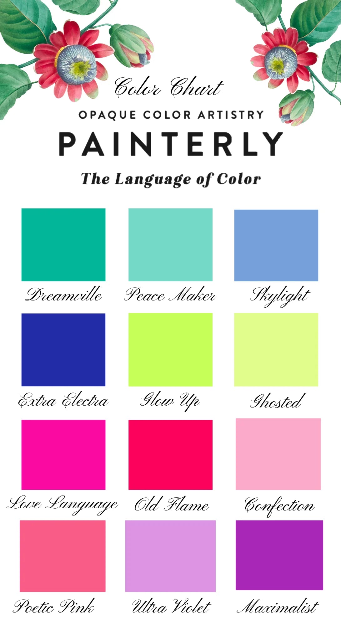 Color chart with twelve rectangles, each displaying a different DIY Paint Co. Painterly Blendable Artist Paint shade.