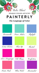Color chart with twelve rectangles, each displaying a different DIY Paint Co. Painterly Blendable Artist Paint shade.