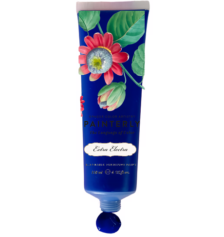 DIY Paint Co. Painterly Blendable Artist Paint tube in Extra Electra blue, features red flower design on label.