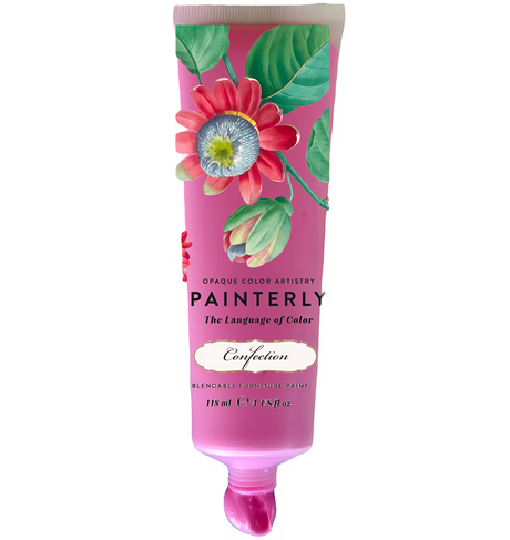 DIY Paint Co. Painterly Blendable Artist Paint tube, shade Confection, pink with floral art and pigment information.