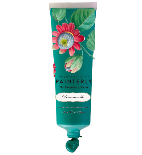 Teal tube of DIY Paint Co. Painterly Blendable Furniture Artist Paint, Dreamville label, with a passionflower.