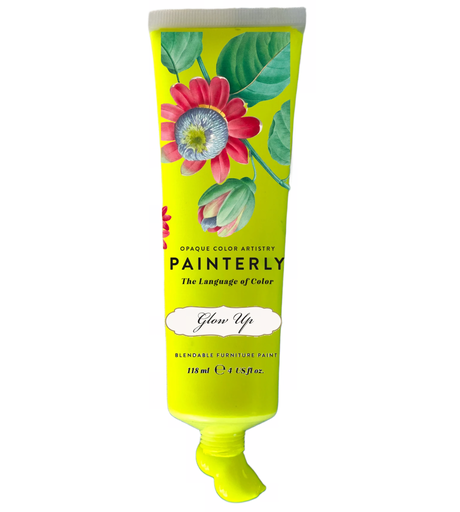 DIY Paint Co. Painterly Blendable Furniture Artist Paint, yellow tube with floral design and open cap, paint squeezed out.