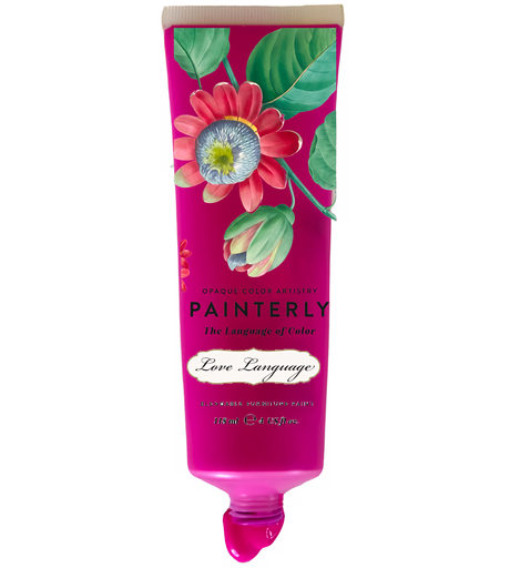DIY Paint Co. Painterly Blendable Furniture Artist Paint in a bright pink tube with floral design and squeezed-out paint.