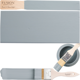 Paisley Fusion Mineral Paint (matte) with gray paint swatches and brushes on white background.