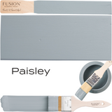 Brush and color swatch show Paisley Fusion Mineral Paint, a muted blue-gray with a matte finish.