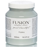 500mL jar of Paisley Fusion Mineral Paint, matte blue, with white label and grayish-blue paint inside.