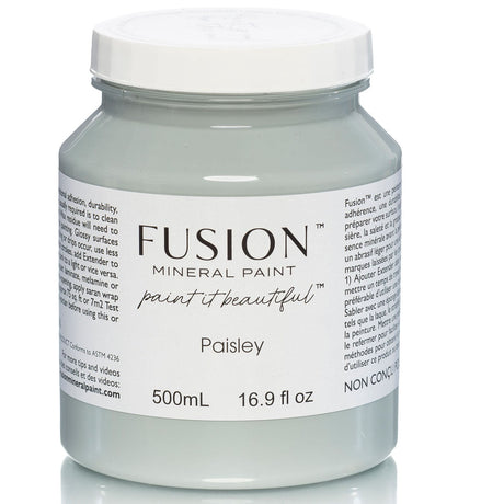 500mL jar of Paisley Fusion Mineral Paint, matte blue, with white label and grayish-blue paint inside.