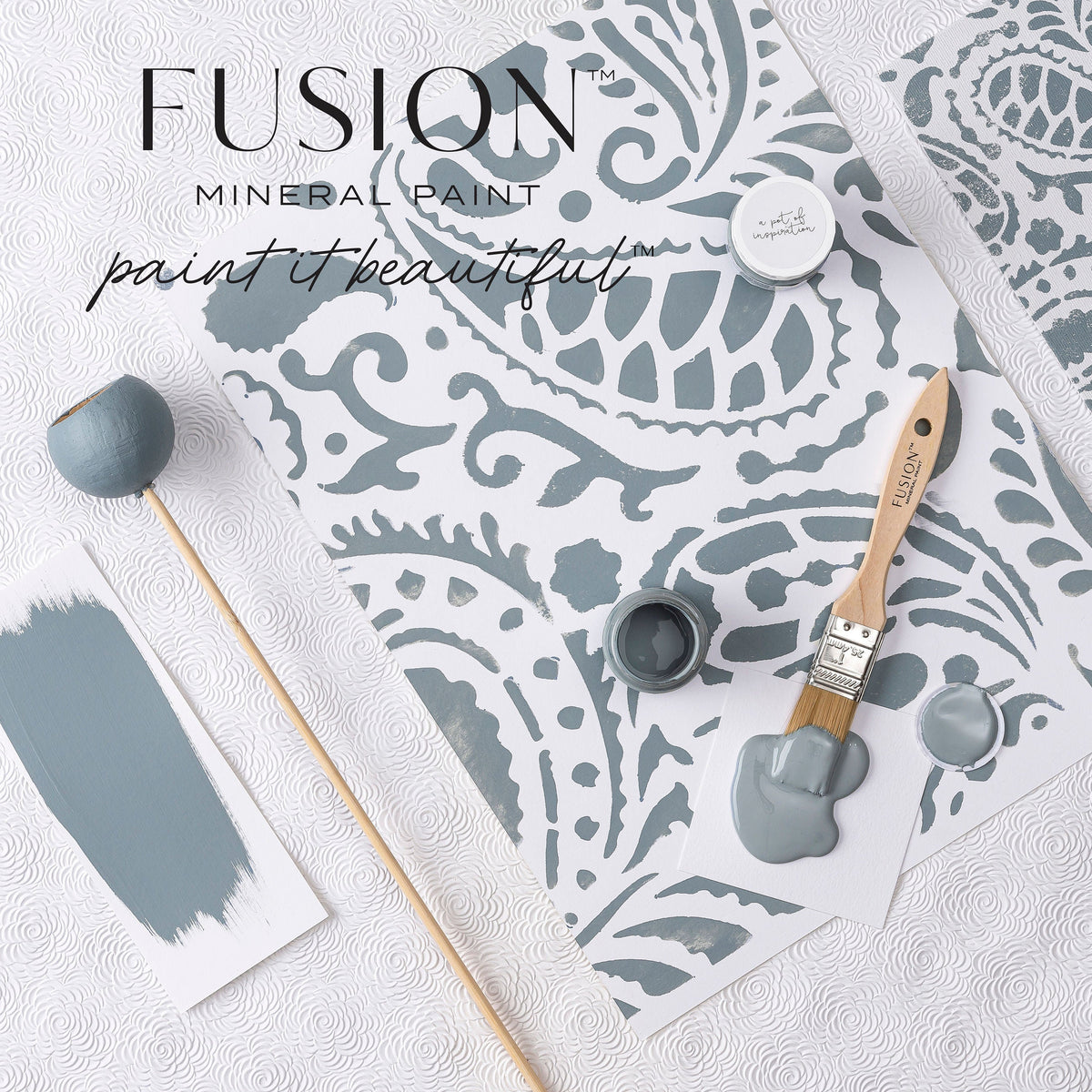 Paisley Fusion Mineral Paint with matte finish, shown with stenciled samples, sample pots, and swatches available.