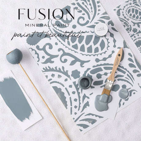 Paisley Fusion Mineral Paint with matte finish, shown with stenciled samples, sample pots, and swatches available.