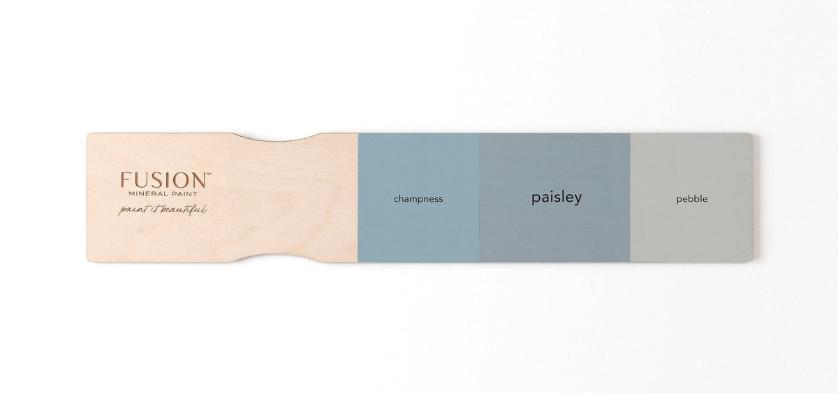 Matte finish sample board in Champness, Paisley, and Pebble by Fusion Mineral Paint.