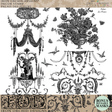 Palais des Fleurs Stamp by IOD with black-and-white ornate floral and vase patterns in a vintage wallpaper style.