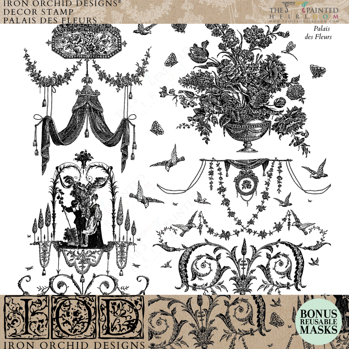 Palais des Fleurs Stamp by IOD with black-and-white ornate floral and vase patterns in a vintage wallpaper style.