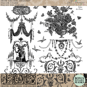 Palais des Fleurs Stamp by IOD with black-and-white ornate floral and vase patterns in a vintage wallpaper style.