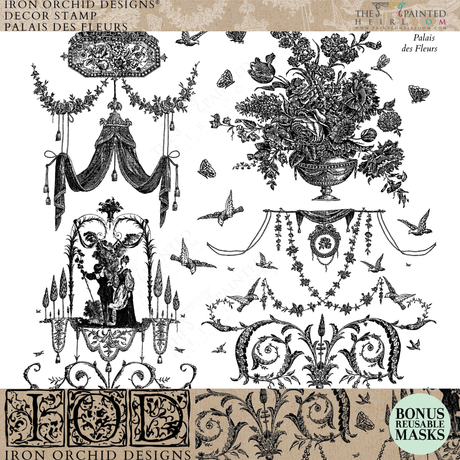 Palais des Fleurs Stamp by IOD with black-and-white ornate floral and vase patterns in a vintage wallpaper style.