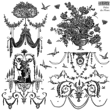 Palais des Fleurs Stamp by I.O.D featuring florals, birds, and a couple in a French toile wallpaper style.