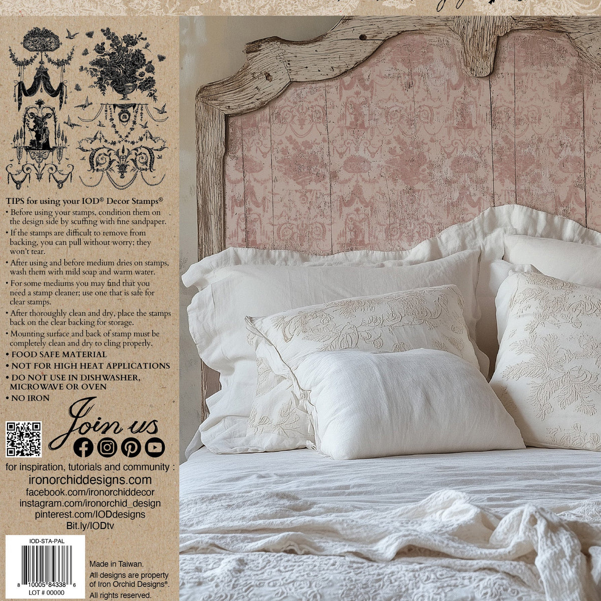 Pale pink headboard, white bedding, four pillows; I.O.D. Palais des Fleurs Stamp historic pattern detail.