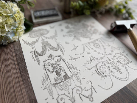 I.O.D. Palais des Fleurs Stamp by Iron Orchid Designs with black and white line drawing, flowers, and hammer nearby.