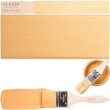 Paintbrush, gold-painted surface, and open jar of Fusion Mineral Paint Pale Gold Metallic.