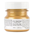 37 mL jar of Fusion Mineral Paint, Pale Gold Metallic, with gold paint visible inside the container.