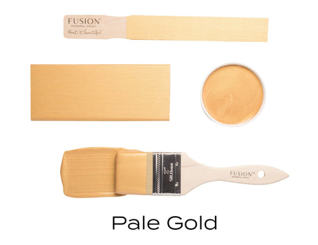 Fusion Mineral Paint Pale Gold Metallic samples, brush, paint swatch, and open jar arranged together.