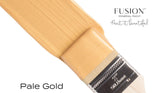 Fusion Mineral Paint Pale Gold Metallic paint jar with visible product label and a paintbrush featuring the paint.