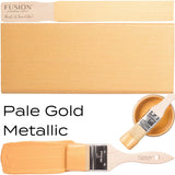 Pale Gold Metallic Fusion Mineral Paint shown in a can, a swatch, and applied with a paintbrush on a flat surface.