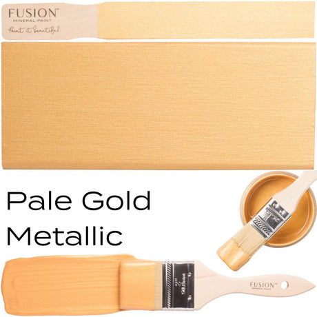 Pale Gold Metallic Fusion Mineral Paint shown in a can, a swatch, and applied with a paintbrush on a flat surface.