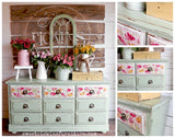 Pantry Door painted with Old Fashioned Milk Paint, floral accents, rustic wood detailing on a white shiplap wall.